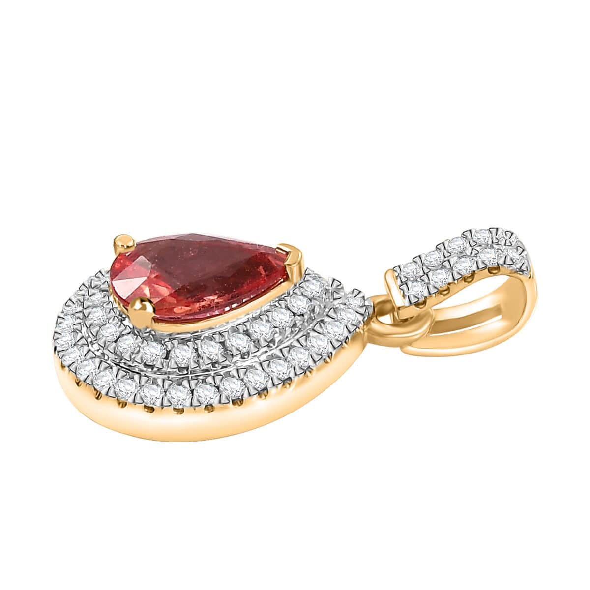 Luxoro AAA Padparadscha Sapphire (BT) and G-H I2 Diamond 1.40 ctw Double Halo Pendant in 14K Yellow Gold image number 3