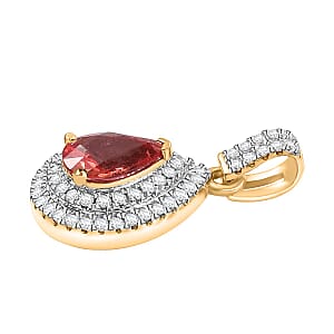 Luxoro AAA Padparadscha Sapphire (BT) and G-H I2 Diamond 1.40 ctw Double Halo Pendant without Chain in 14K Yellow Gold
