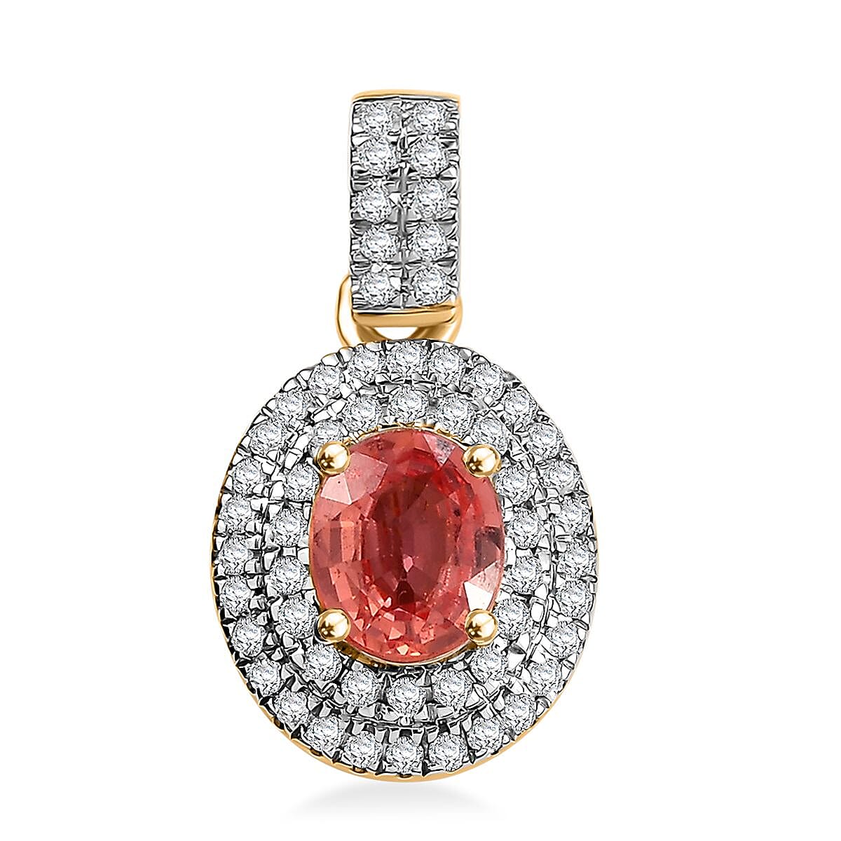 Luxoro AAA Padparadscha Sapphire (BT) and G-H I2 Diamond 1.40 ctw Double Halo Pendant without Chain in 14K Yellow Gold image number 0