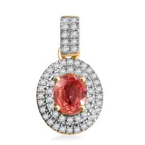 Luxoro AAA Padparadscha Sapphire (BT) and G-H I2 Diamond 1.40 ctw Double Halo Pendant without Chain in 14K Yellow Gold