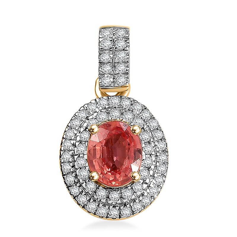 Luxoro AAA Padparadscha Sapphire (BT) and G-H I2 Diamond 1.40 ctw Double Halo Pendant without Chain in 14K Yellow Gold