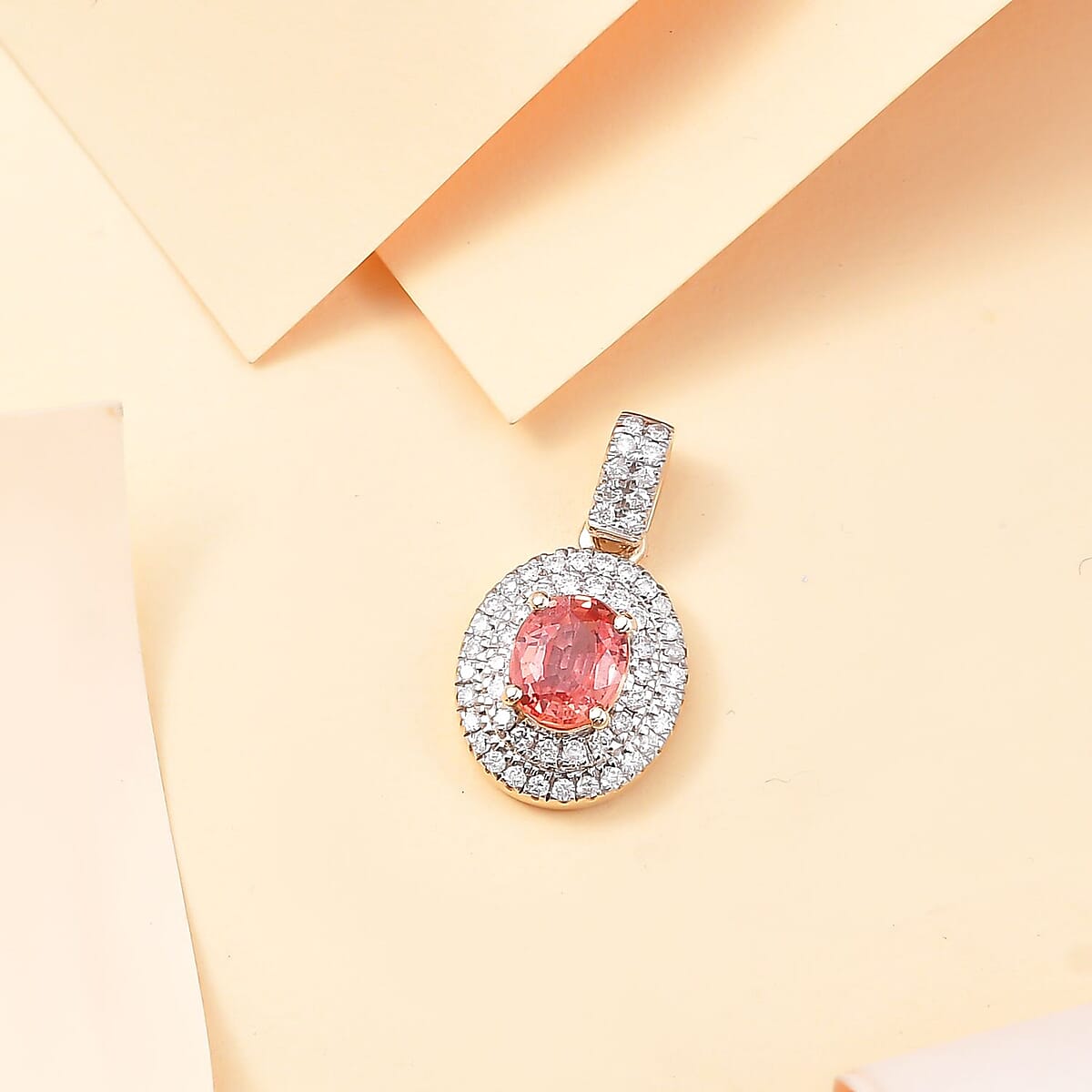 Luxoro AAA Padparadscha Sapphire (BT) and G-H I2 Diamond 1.40 ctw Double Halo Pendant without Chain in 14K Yellow Gold image number 1