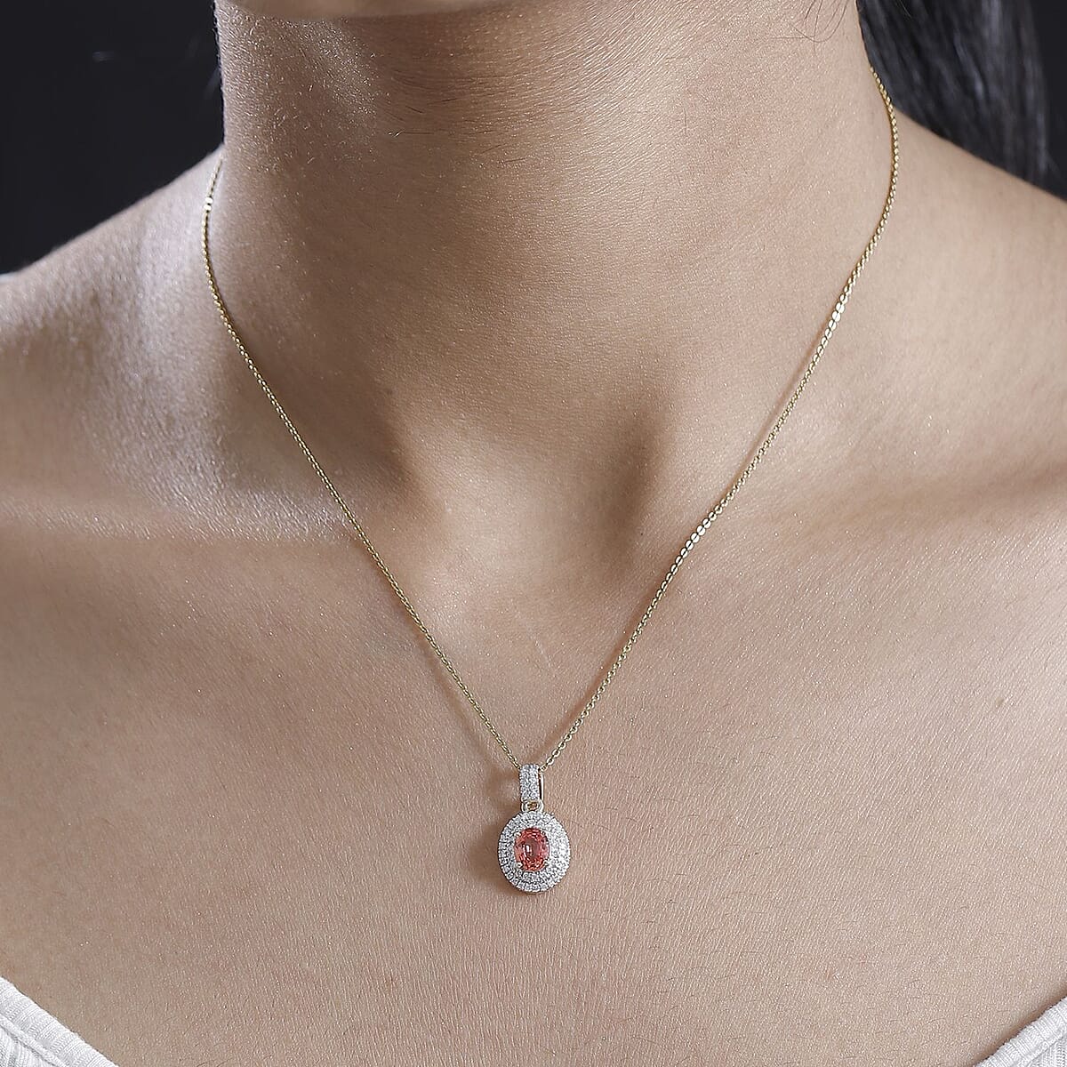 Luxoro AAA Padparadscha Sapphire (BT) and G-H I2 Diamond 1.40 ctw Double Halo Pendant without Chain in 14K Yellow Gold image number 2