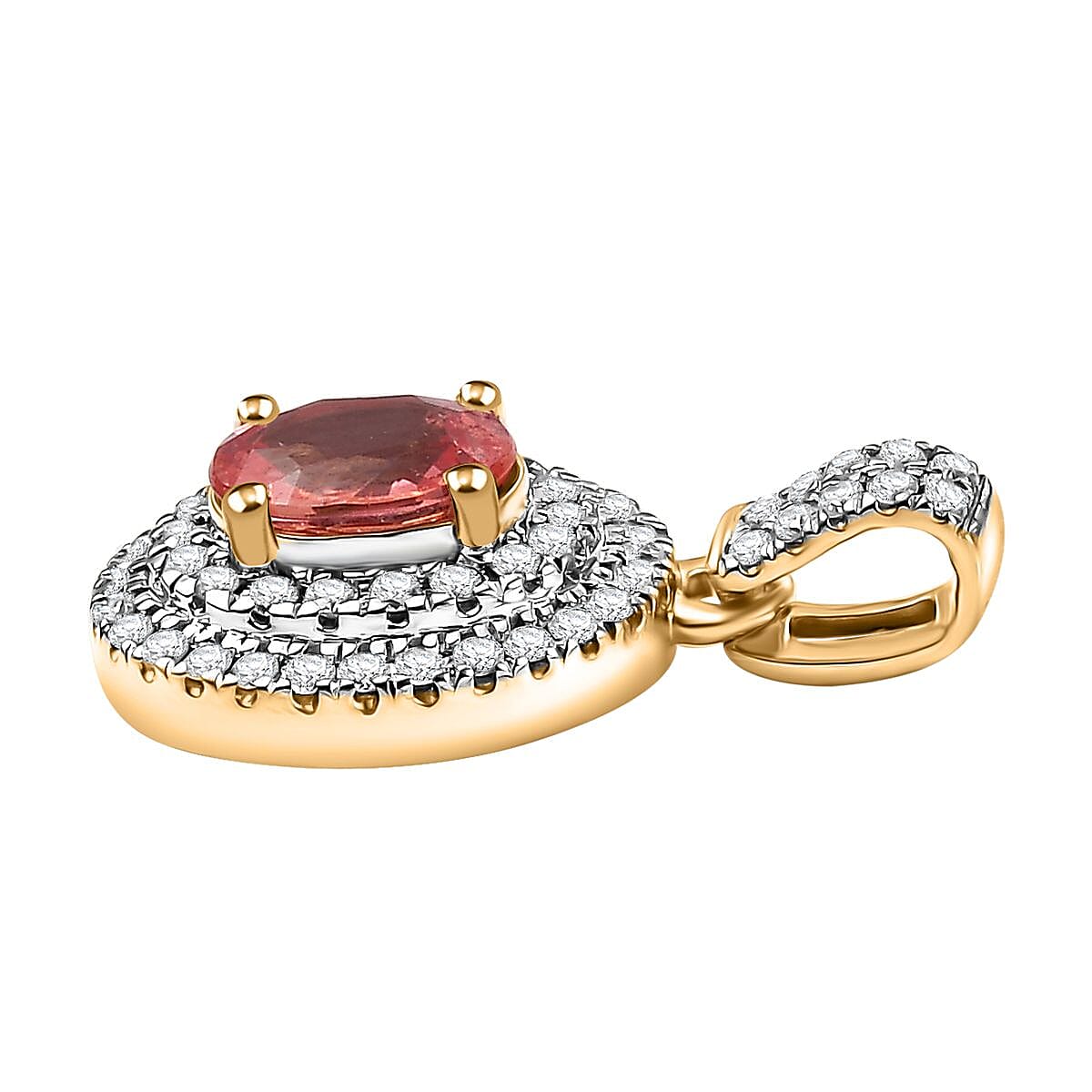 Luxoro AAA Padparadscha Sapphire (BT) and G-H I2 Diamond 1.40 ctw Double Halo Pendant without Chain in 14K Yellow Gold image number 3