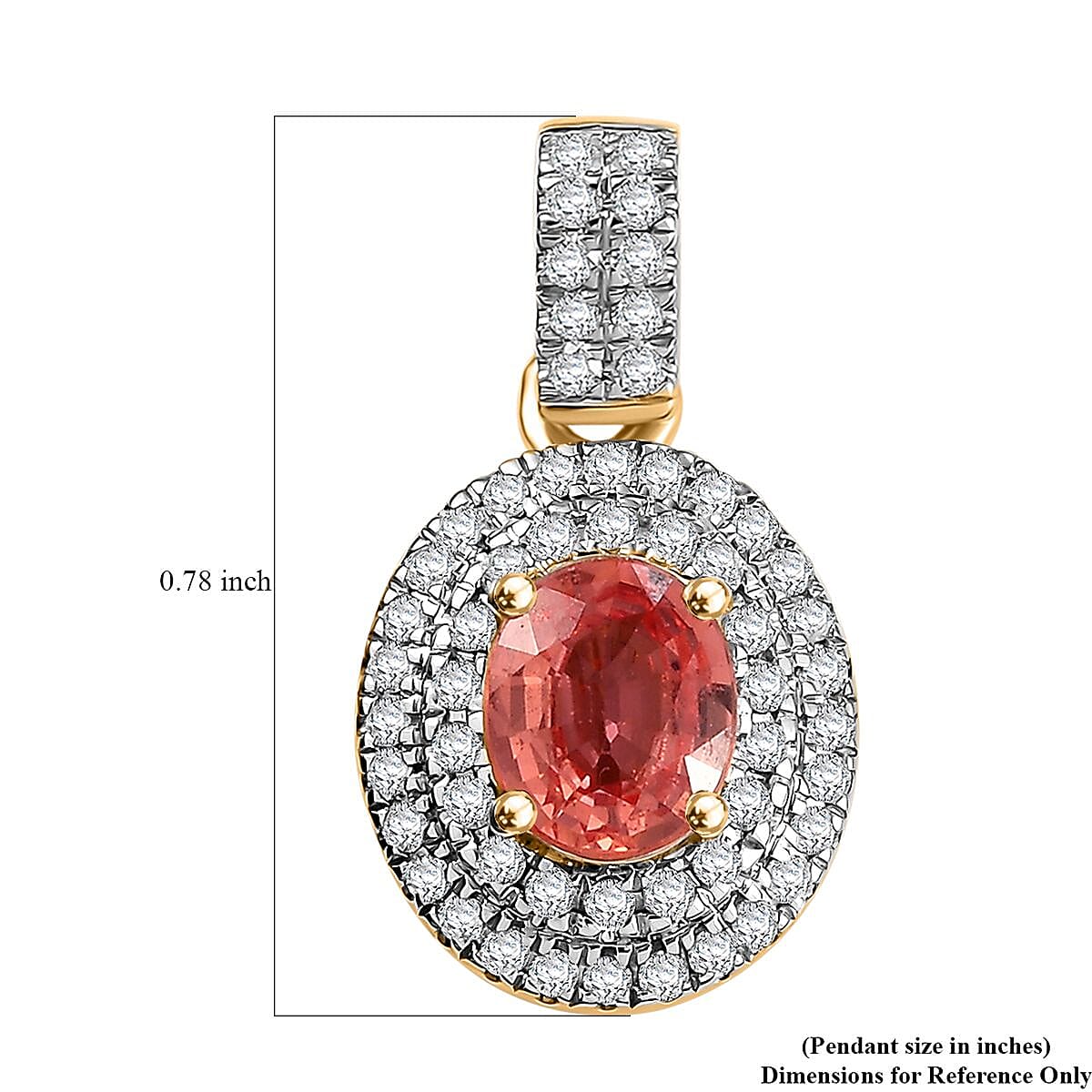 Luxoro AAA Padparadscha Sapphire (BT) and G-H I2 Diamond 1.40 ctw Double Halo Pendant without Chain in 14K Yellow Gold image number 5