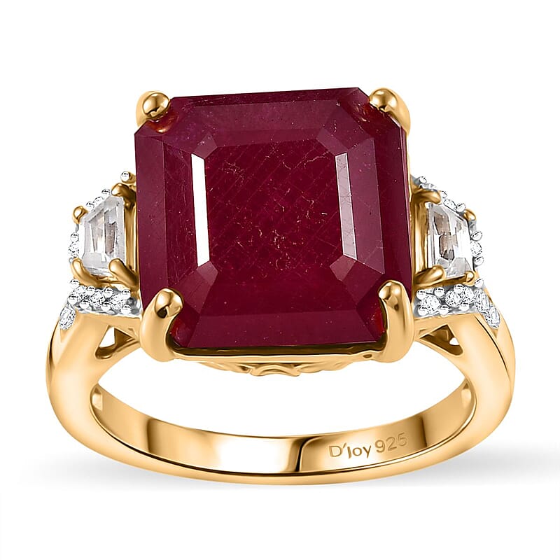 D'Joy Premium Niassa Ruby (FF) and White Zircon 14.30 ctw Majestic Empress Ring in 18K Vermeil Yellow Gold Over Sterling Silver (Size 10.0)