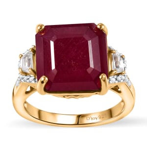 Premium Niassa Ruby (FF) and White Zircon 14.30 ctw Majestic Empress Ring in 18K Vermeil Yellow Gold Over Sterling Silver (Size 8.0)