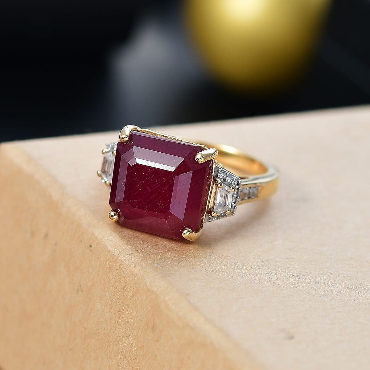 Premium Niassa Ruby (FF) and White Zircon 14.30 ctw Majestic Empress Ring in 18K Vermeil Yellow Gold Over Sterling Silver (Size 9.0) image number 1