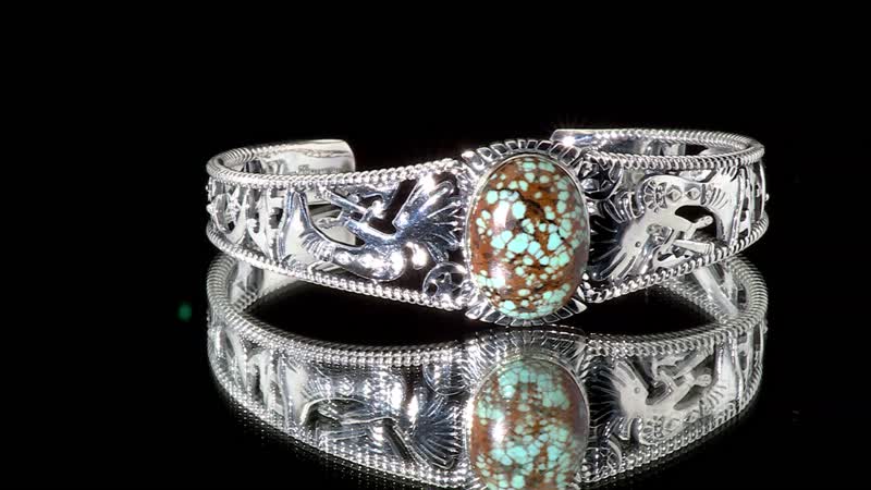 D'Joy Artisan Crafted Blue Horizon Turquoise 12.10 ctw Kokopelli Cuff Bracelet in Sterling Silver