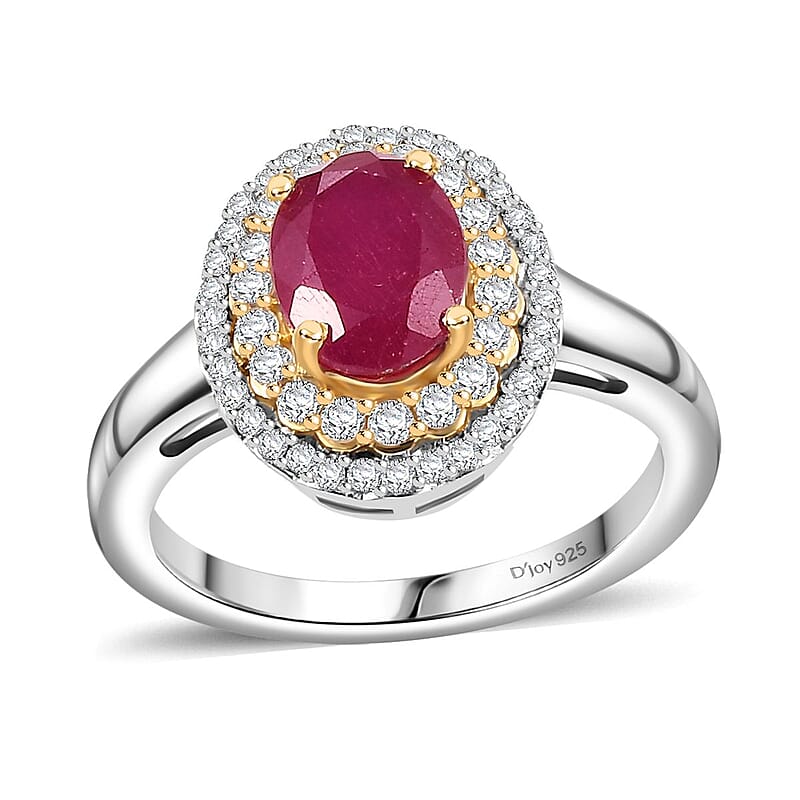 Niassa Ruby (FF) and White Zircon 2.70 ctw Ring in 18K Vermeil YG and Rhodium Over Sterling Silver (Size 10.0)