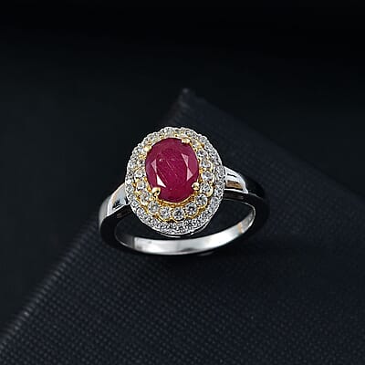 Niassa Ruby (FF) and White Zircon 2.70 ctw Ring in 18K Vermeil YG and Rhodium Over Sterling Silver (Size 10.0)