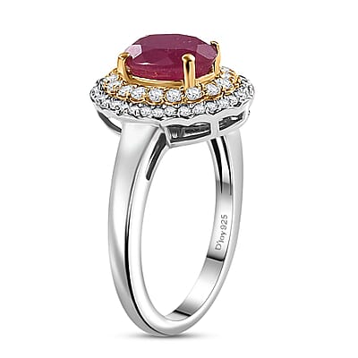 Niassa Ruby (FF) and White Zircon 2.70 ctw Ring in 18K Vermeil YG and Rhodium Over Sterling Silver (Size 10.0)