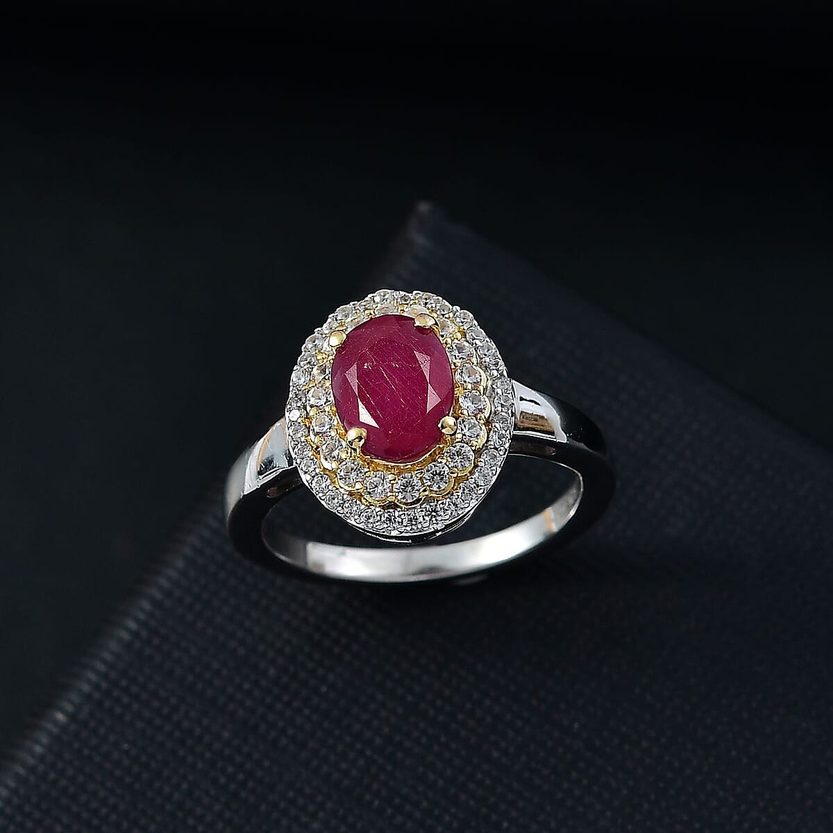 D'Joy Niassa Ruby (FF) and White Zircon 2.70 ctw Ring in 18K Vermeil YG and Rhodium Over Sterling Silver (Size 6.0) image number 1