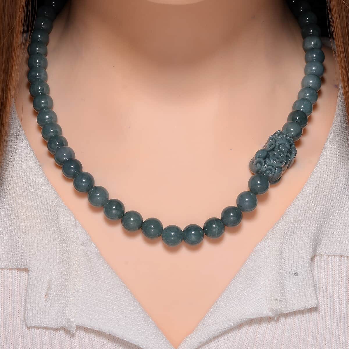 Natural Olmec Jadeite 450.00 ctw Carved Pixiu Knotted Necklace in Rhodium Over Sterling Silver 20 Inches image number 1