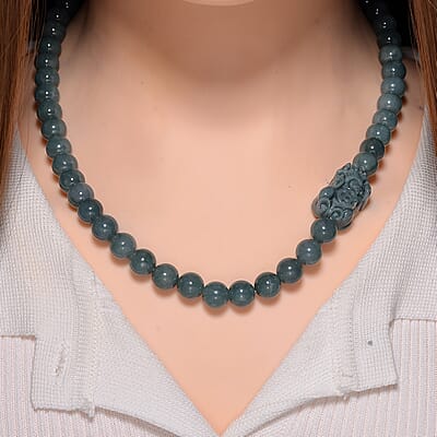 Natural Olmec Jadeite 450.00 ctw Carved Pixiu Knotted Necklace in Rhodium Over Sterling Silver 20 Inches
