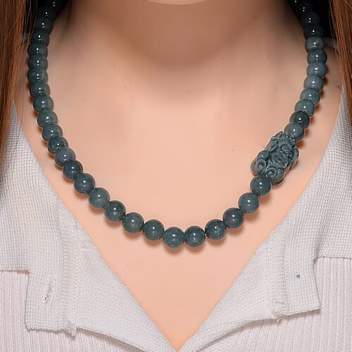 Natural Olmec Jadeite 450.00 ctw Carved Pixiu Knotted Necklace in Rhodium Over Sterling Silver 20 Inches