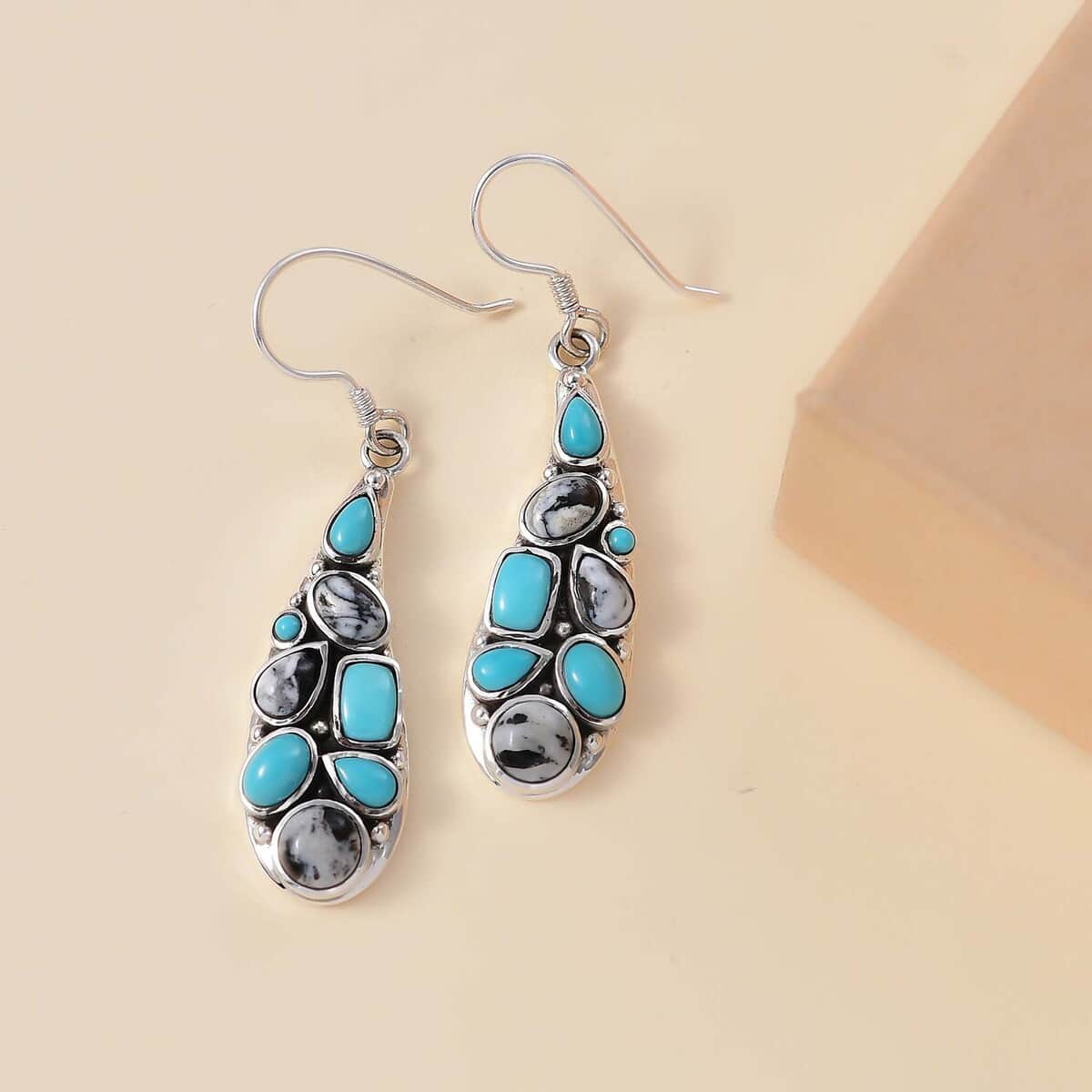 Artisan Crafted Sleeping Beauty Turquoise and White Buffalo 6.10 ctw Earrings in Sterling Silver image number 1