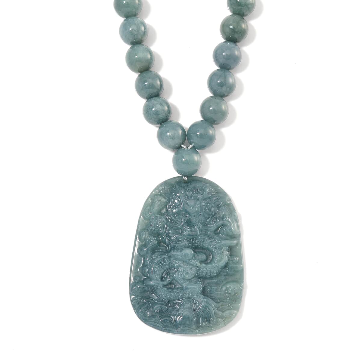 Natural Olmec Jadeite 550.00 ctw Dragon Carved and Beaded Necklace in Rhodium Over Sterling Silver 20 Inches image number 0