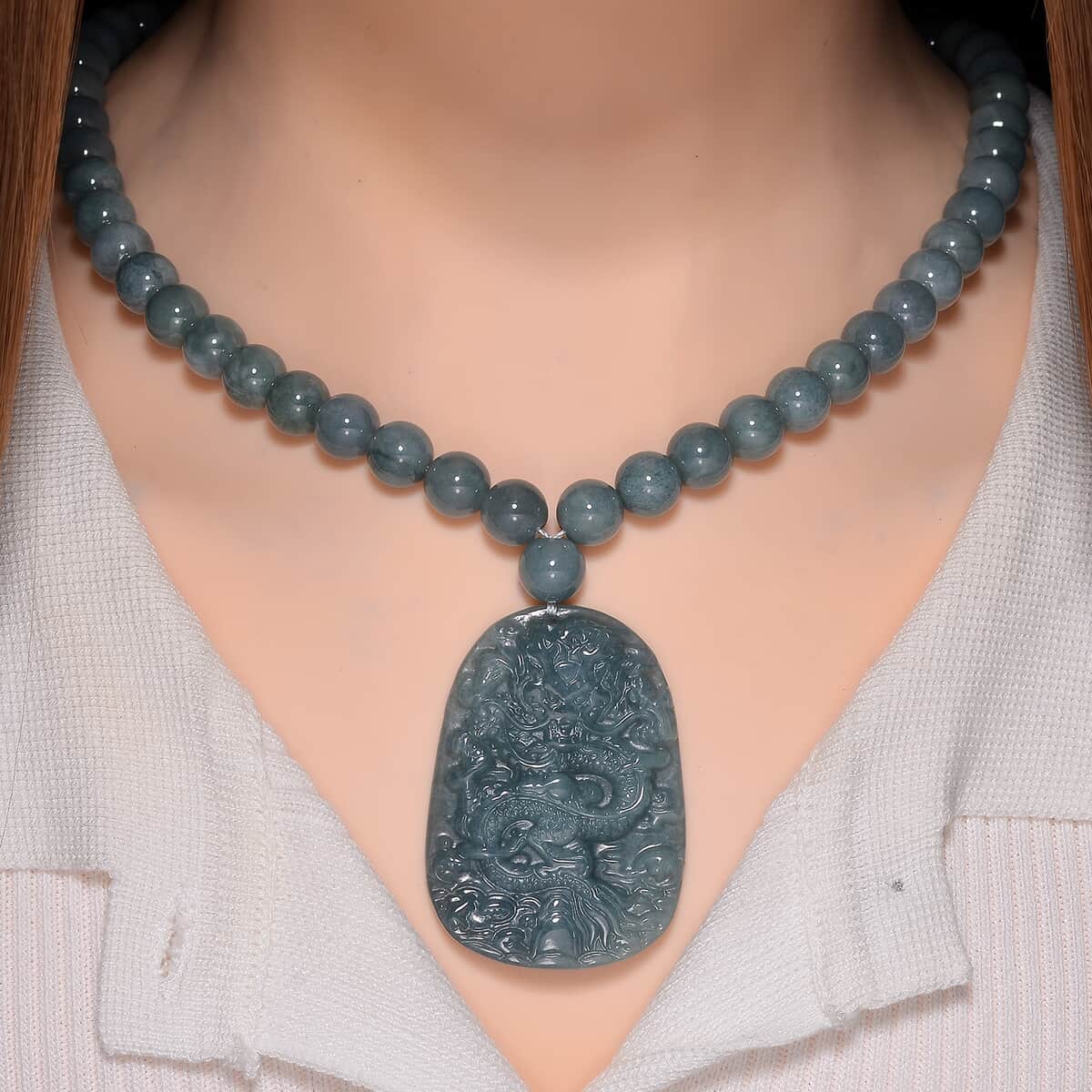 Natural Olmec Jadeite 550.00 ctw Dragon Carved and Beaded Necklace in Rhodium Over Sterling Silver 20 Inches image number 1