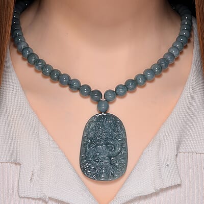 Natural Olmec Jadeite 550.00 ctw Dragon Carved and Beaded Necklace in Rhodium Over Sterling Silver 20 Inches