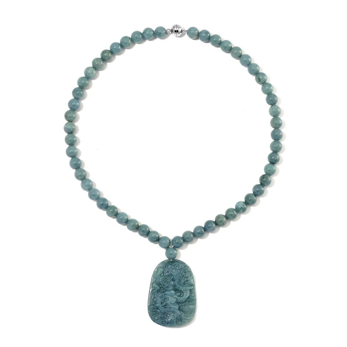 Natural Olmec Jadeite 550.00 ctw Dragon Carved and Beaded Necklace in Rhodium Over Sterling Silver 20 Inches image number 2