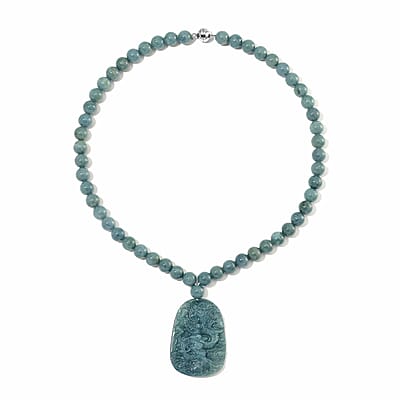 Natural Olmec Jadeite 550.00 ctw Dragon Carved and Beaded Necklace in Rhodium Over Sterling Silver 20 Inches