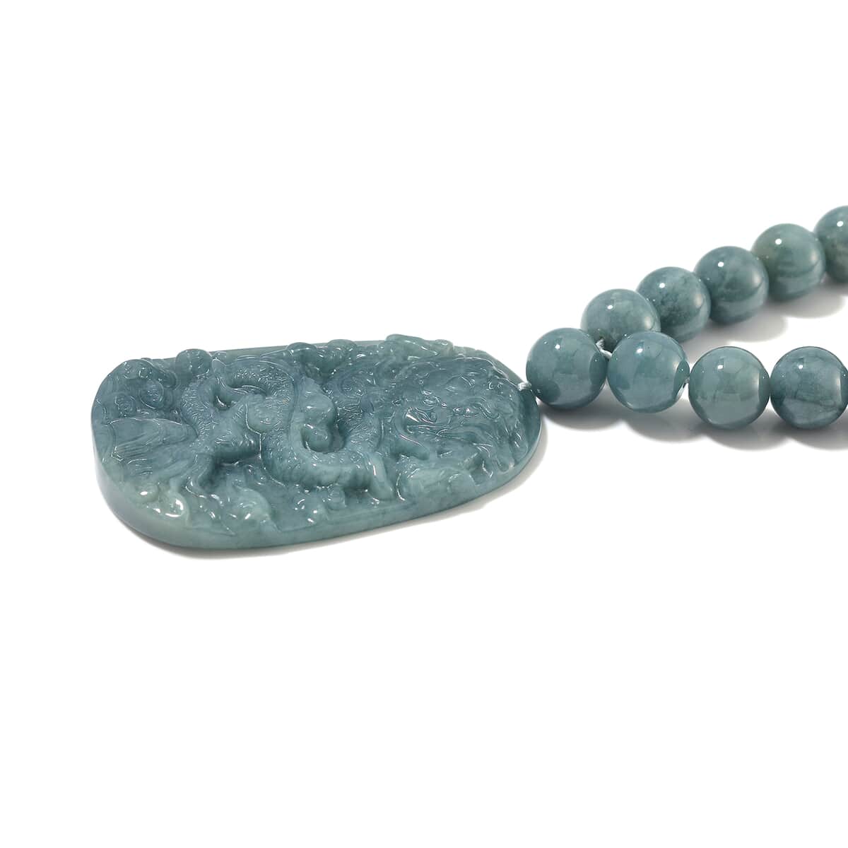 Natural Olmec Jadeite 550.00 ctw Dragon Carved and Beaded Necklace in Rhodium Over Sterling Silver 20 Inches image number 3