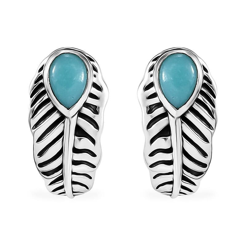 D'Joy Indian Artisan Crafted Sleeping Beauty Turquoise 1.10 ctw Feather Earrings in Black Oxidized Sterling Silver