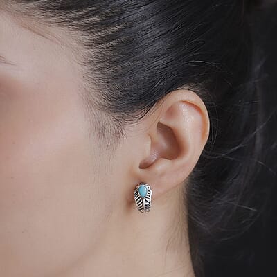 D'Joy Indian Artisan Crafted Sleeping Beauty Turquoise 1.10 ctw Feather Earrings in Black Oxidized Sterling Silver