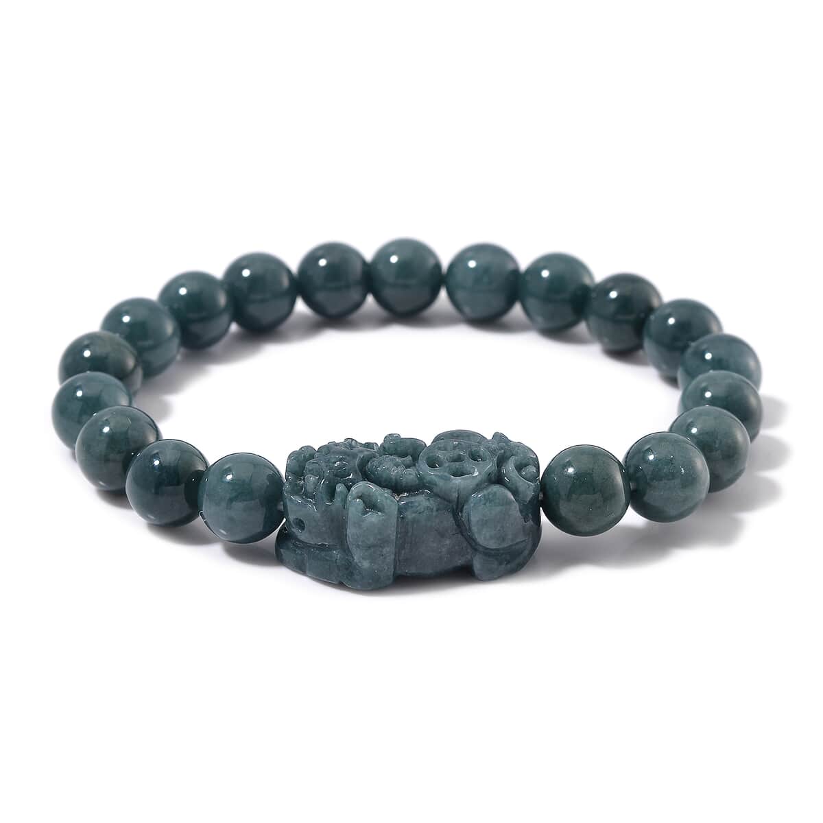 Natural Olmec Jadeite 200.00 ctw Carved Pixiu and Beaded Stretch Bracelet image number 0