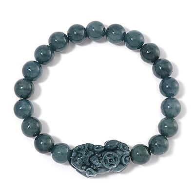 Natural Olmec Jadeite 200.00 ctw Carved Pixiu and Beaded Stretch Bracelet