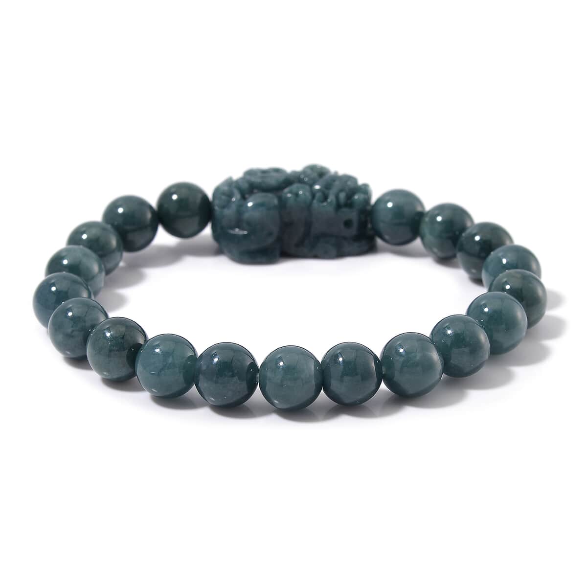 Natural Olmec Jadeite 200.00 ctw Carved Pixiu and Beaded Stretch Bracelet image number 3