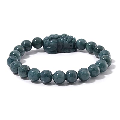 Natural Olmec Jadeite 200.00 ctw Carved Pixiu and Beaded Stretch Bracelet