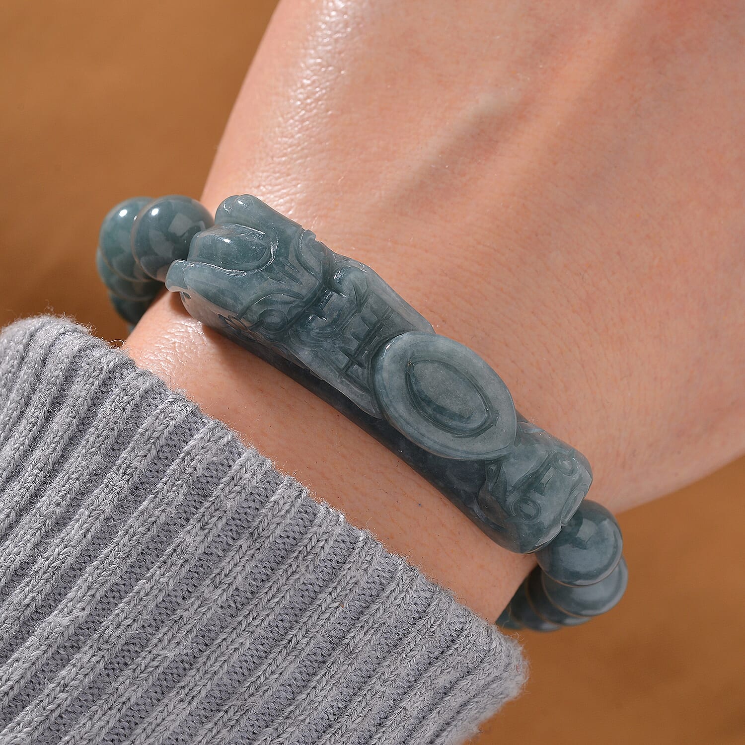 Natural Olmec Jadeite 200.00 ctw Carved Dragon and Beaded Stretch Bracelet