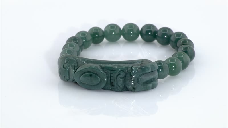 Natural Olmec Jadeite 200.00 ctw Carved Dragon and Beaded Stretch Bracelet