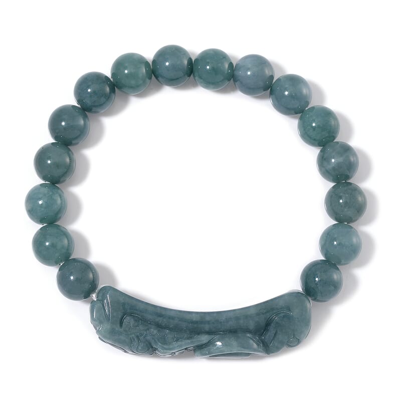 Natural Olmec Jadeite 200.00 ctw Carved Dragon and Beaded Stretch Bracelet