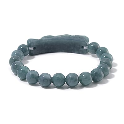 Natural Olmec Jadeite 200.00 ctw Carved Dragon and Beaded Stretch Bracelet