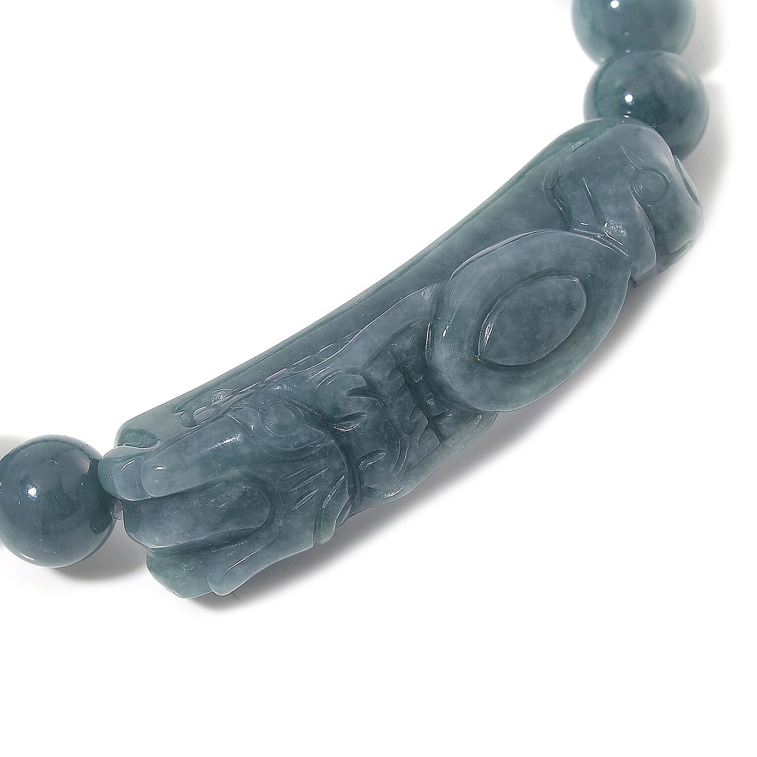 Natural Olmec Jadeite 200.00 ctw Carved Dragon and Beaded Stretch Bracelet