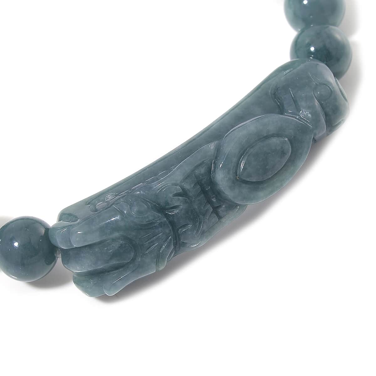 Natural Olmec Jadeite 200.00 ctw Carved Dragon and Beaded Stretch Bracelet image number 4