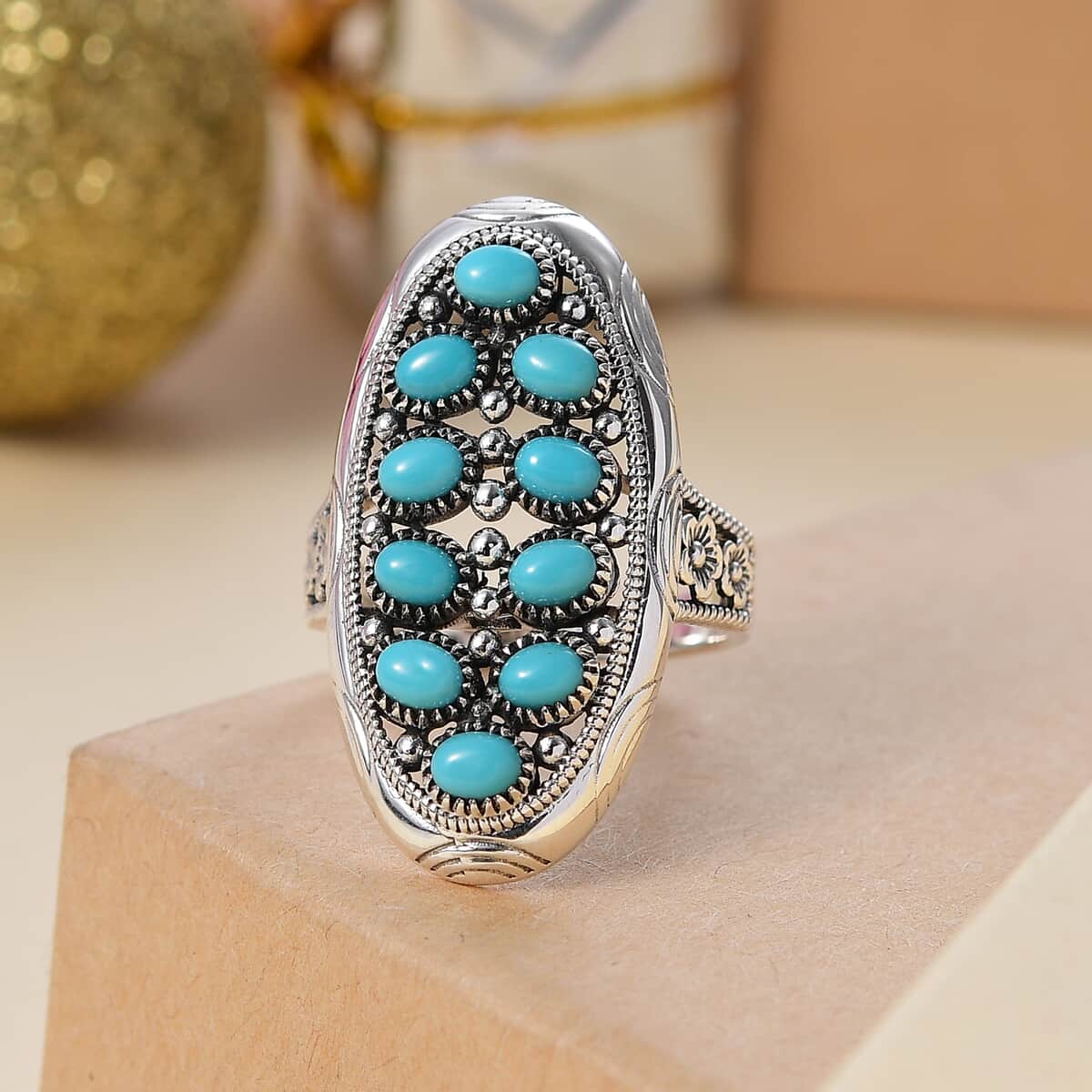 Artisan Crafted Sleeping Beauty Turquoise 1.90 ctw Floral Ring in Sterling Silver (Size 10.0)  image number 1