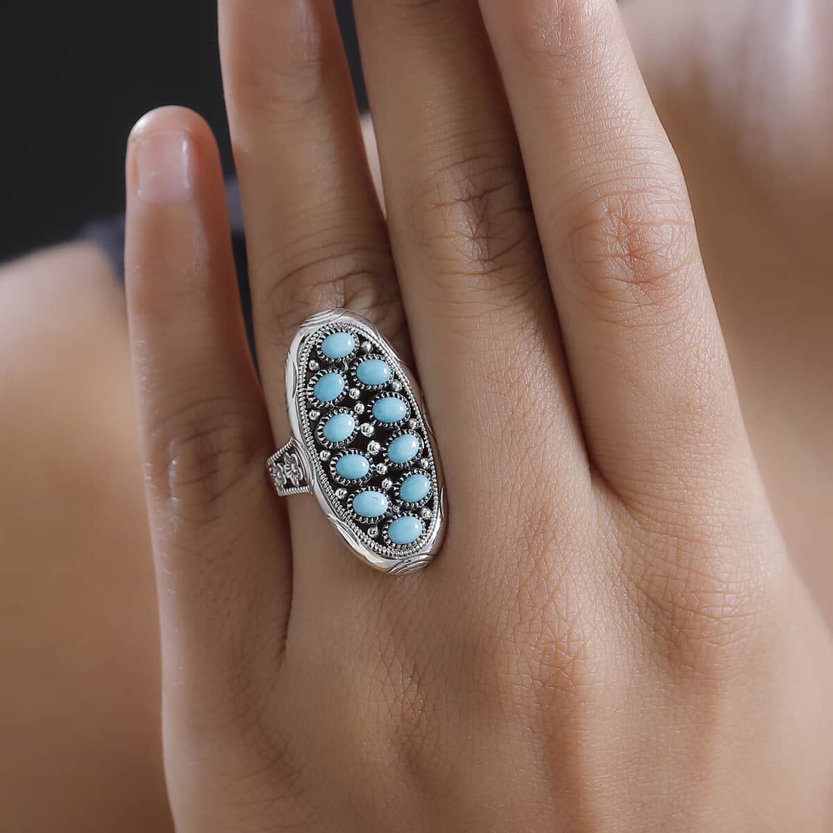 Artisan Crafted Sleeping Beauty Turquoise 1.90 ctw Floral Ring in Sterling Silver (Size 10.0)  image number 2