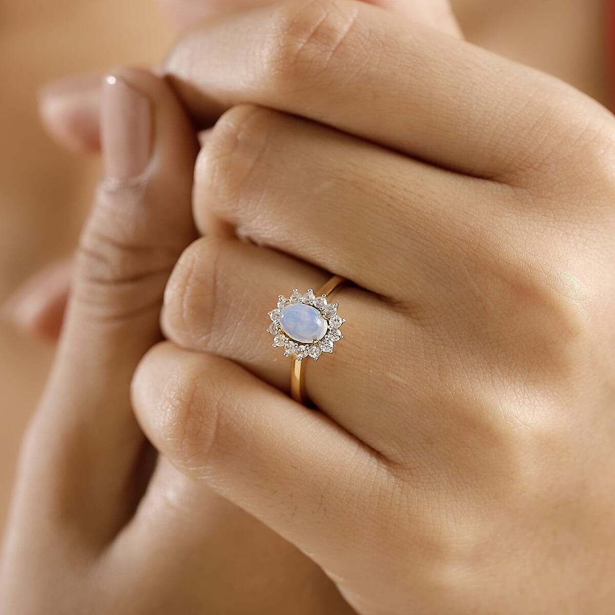 D'Joy Ethiopian Welo Opal and White Zircon 1.10 ctw Ring in 18K Vermeil Yellow Gold Over Sterling Silver (Size 10.0) image number 2