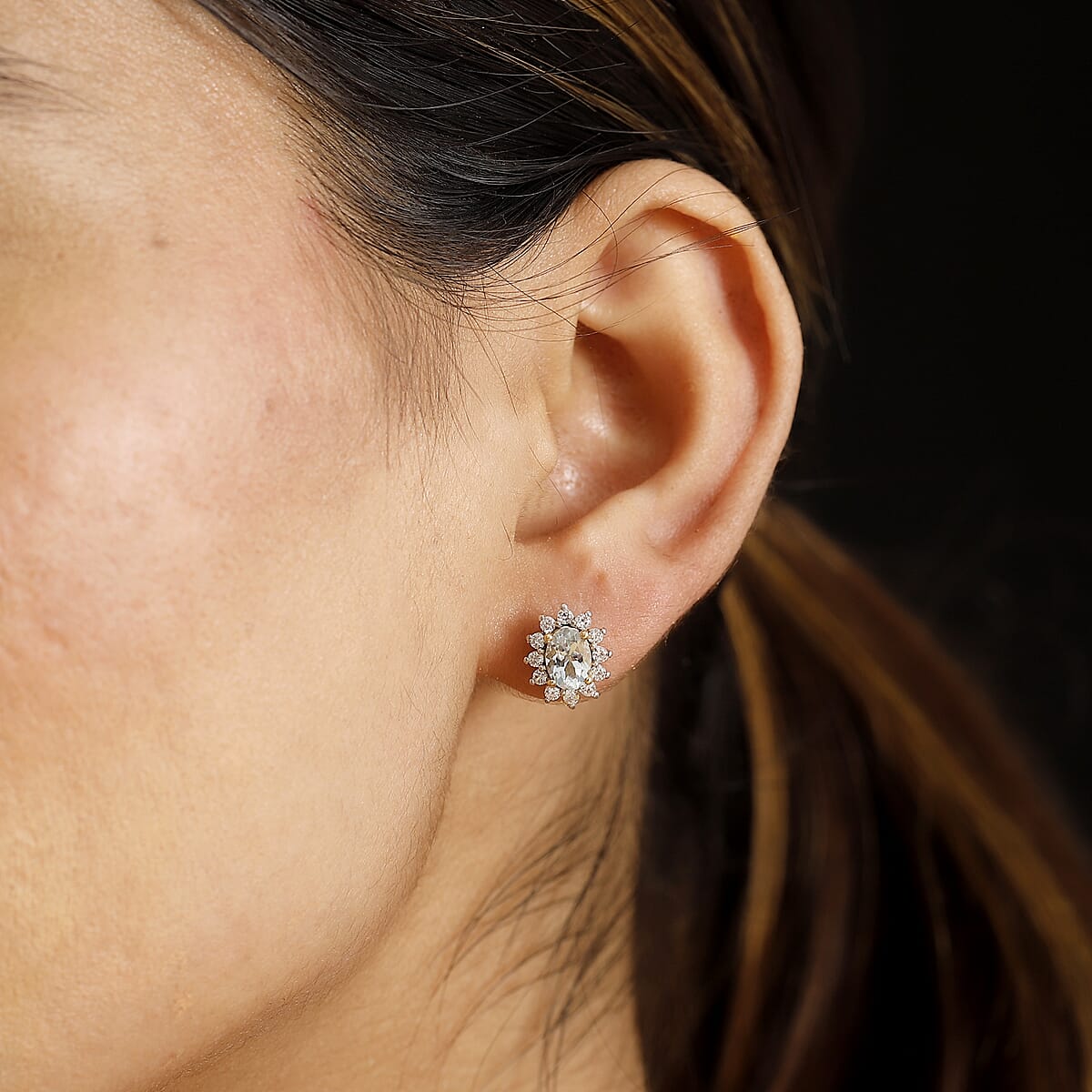 D'Joy Mangoro Aquamarine and White Zircon 2.10 ctw Sunburst Stud Earrings in 18K Vermeil Yellow Gold Over Sterling Silver image number 2