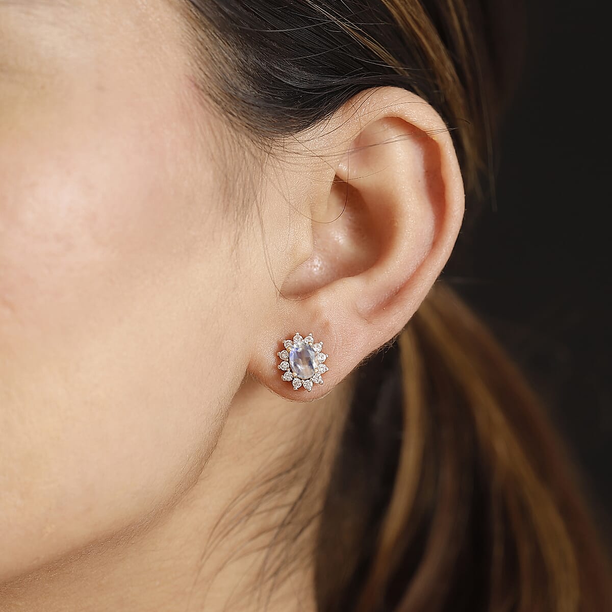 D'Joy Kuisa Rainbow Moonstone and White Zircon 2.20 ctw Sunburst Stud Earrings in 18K Vermeil Yellow Gold Over Sterling Silver image number 2