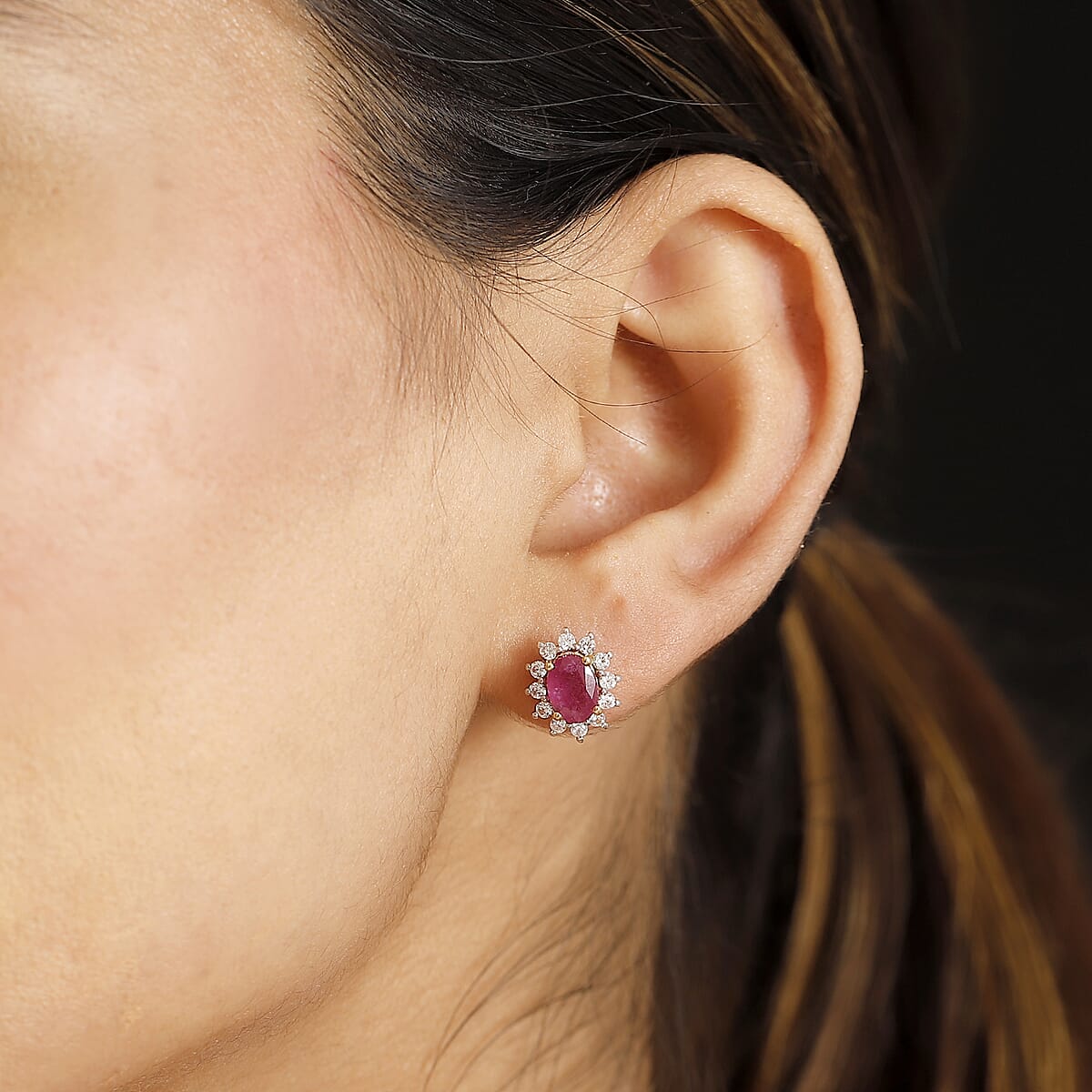 D'Joy Niassa Ruby (FF) and White Zircon 3.20 ctw Sunburst Stud Earrings in 18K Vermeil Yellow Gold Over Sterling Silver image number 2