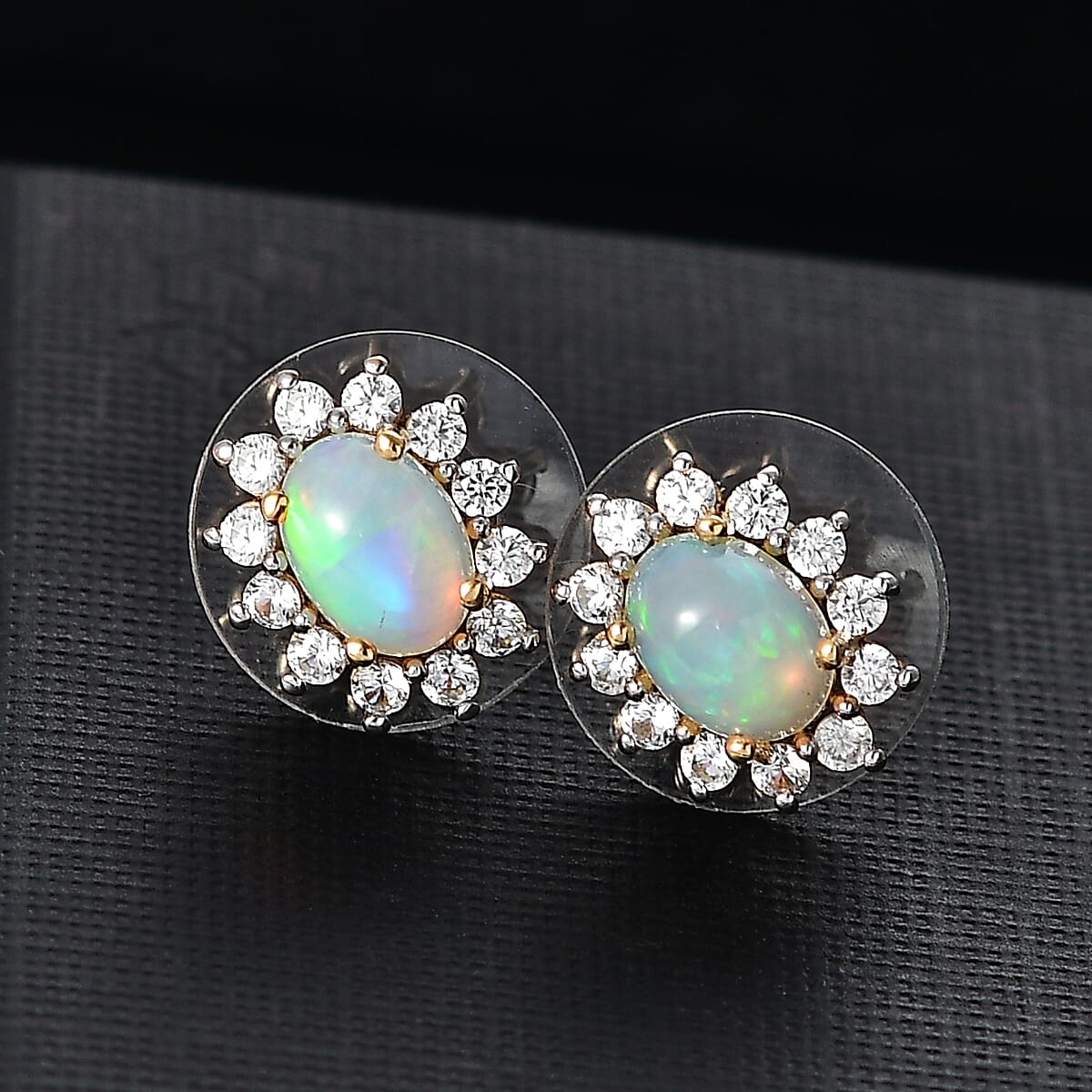 D'Joy Ethiopian Welo Opal and White Zircon 1.90 ctw Sunburst Stud Earrings in 18K Vermeil Yellow Gold Over Sterling Silver image number 1