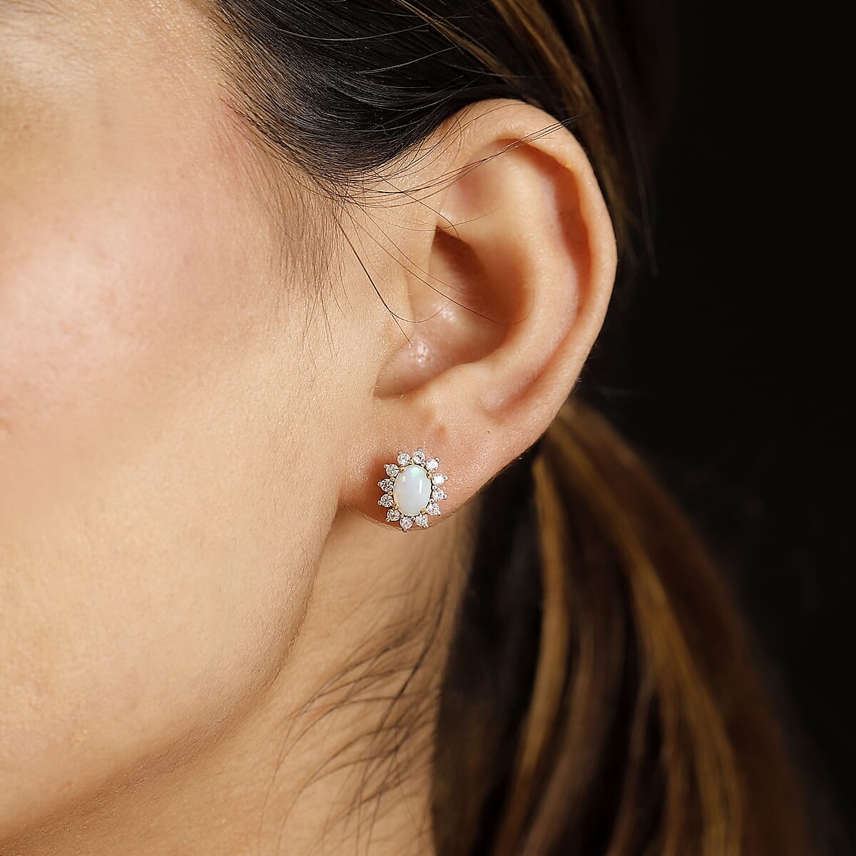 D'Joy Ethiopian Welo Opal and White Zircon 1.90 ctw Sunburst Stud Earrings in 18K Vermeil Yellow Gold Over Sterling Silver image number 2