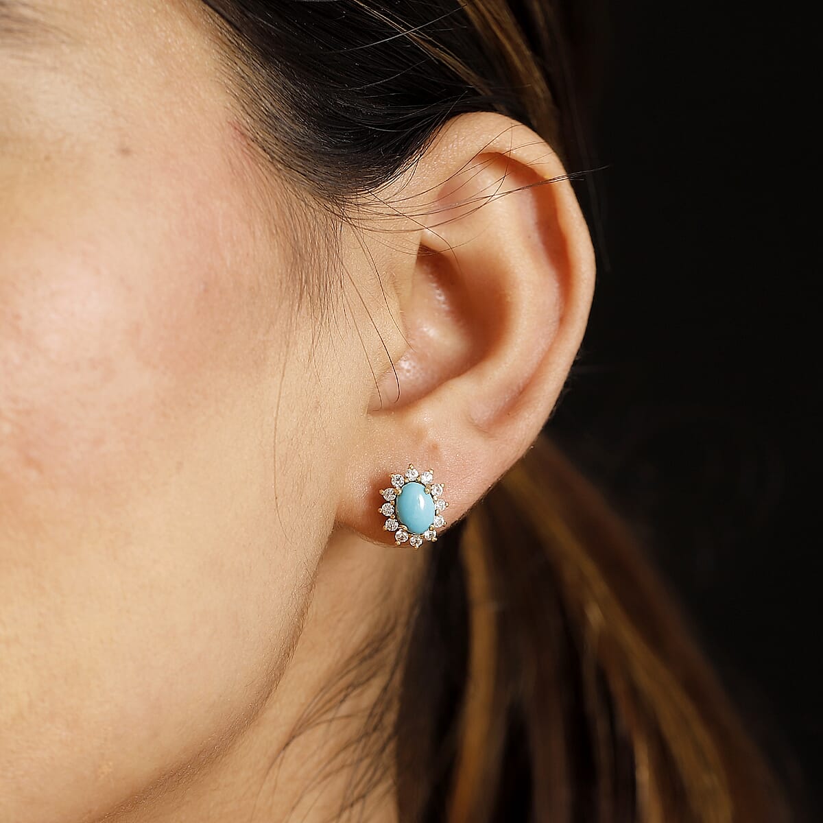 D'Joy Sleeping Beauty Turquoise and White Zircon 2.35 ctw Sunburst Stud Earrings in 18K Vermeil Yellow Gold Over Sterling Silver image number 2