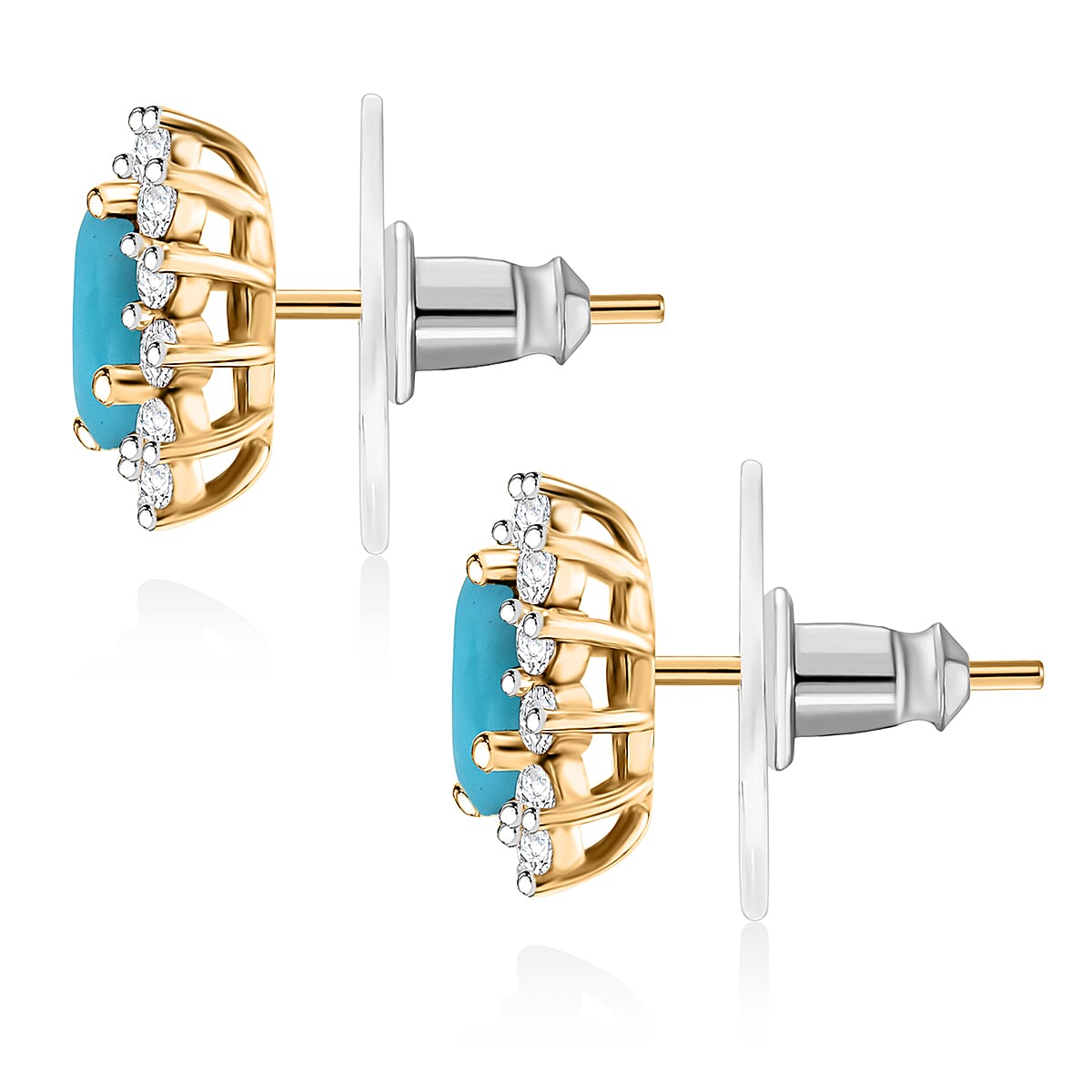D'Joy Sleeping Beauty Turquoise and White Zircon 2.35 ctw Sunburst Stud Earrings in 18K Vermeil Yellow Gold Over Sterling Silver image number 3