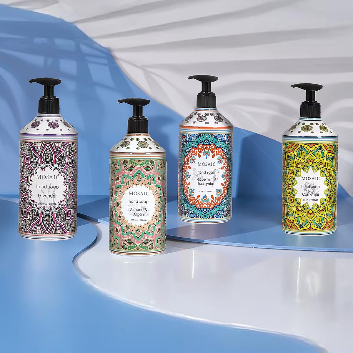 Mosaic Liquid Hand Soap Series- Almond & Argan, Camomile, Lavender, Peppermint & Eucalyptus (24.6oz Each) image number 1